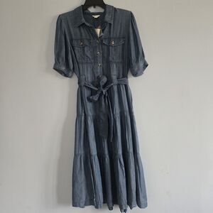 NWT Cato Midi Dress with Belt & Pockets Size M Tiered Skirt chambray-denim-look